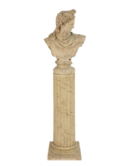 A FAUX MARBLE FIGURAL BUST OF A ROMAN EMPEROR ON FLUTED COLUMN