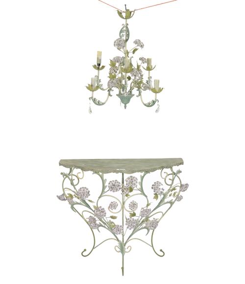 A POLYCHROME PAINTED WROUGHT METAL DEMI-LUNE CONSOLE TABLE (2)