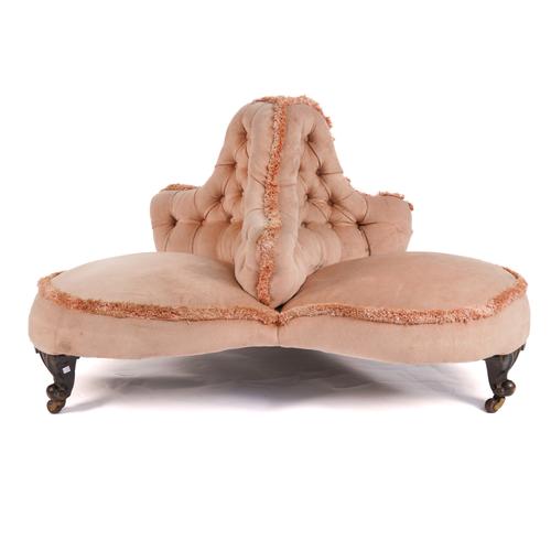 A VICTORIAN MAHOGANY FRAMED TREFOIL SHAPED CONVERSATION CHAIR