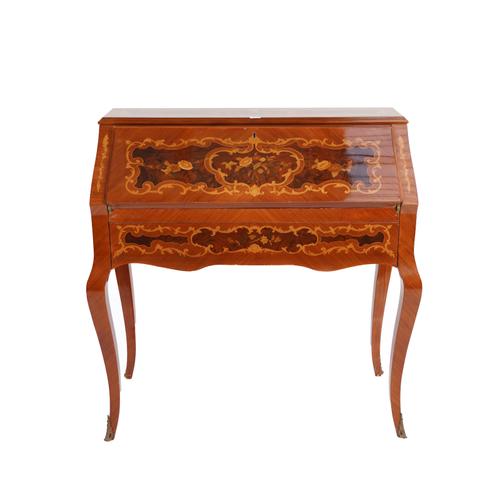 A LOUIS XV STYLE MARQUETRY INLAID WALNUT AND KINGWOOD WRITING BUREAU
