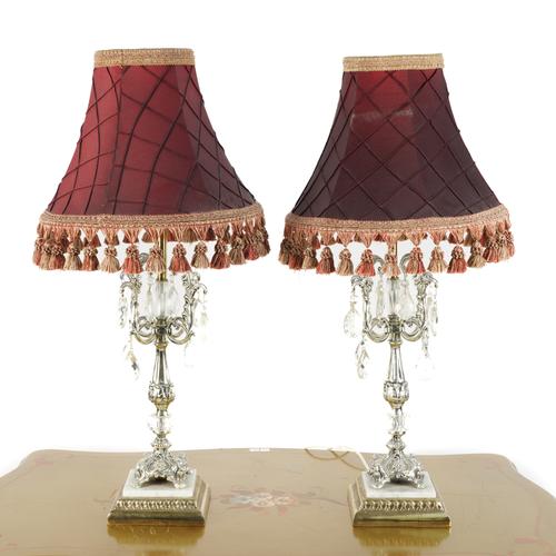 A PAIR OF SILVER METAL GLASS AND BRASS TABLE LAMPS (2)
