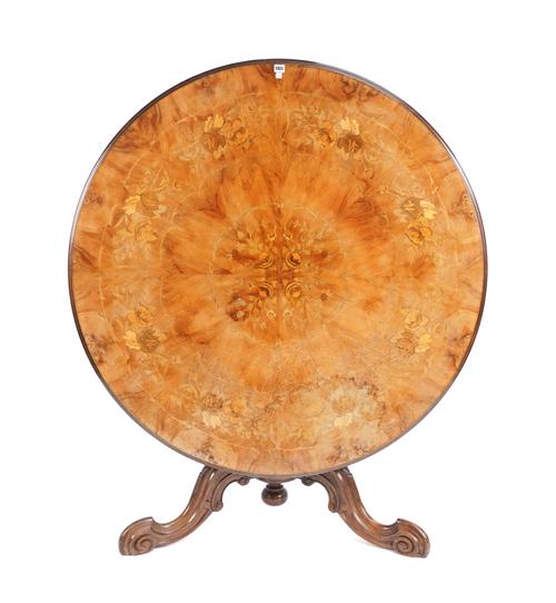 A VICTORIAN STYLE FLORAL MARQUETRY INLAID WALNUT CIRCULAR SNAP TOP CENTRE TABLE
