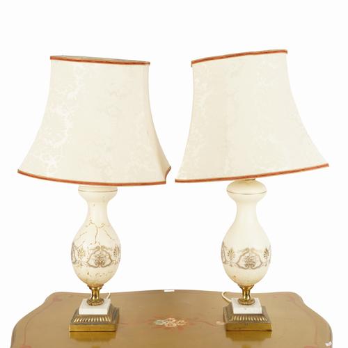 A PAIR OF FAUX ALABASTER BALUSTER SHAPED TABLE LAMPS (2)