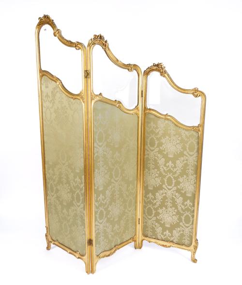 A FRENCH GOLD PAINTED THREE FOLD SCREEN
