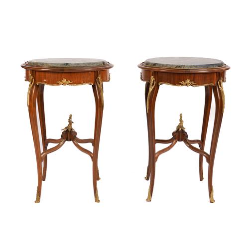 A PAIR OF GILT METAL MOUNTED MAHOGANY MARBLE INSET CIRCULAR TWO TIER OCCASIONAL TABLES (2)