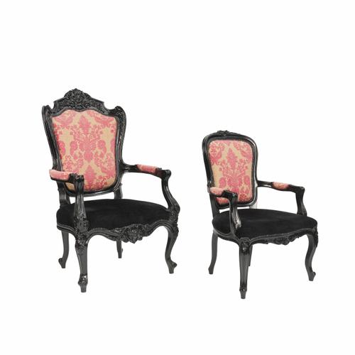A VICTORIAN STYLE BLACK PAINTED OPEN ARMCHAIR (2)