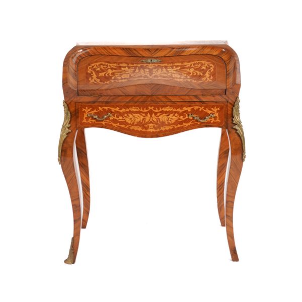 A LOUIS XV STYLE MARQUETRY INLAID WALNUT AND KINGWOOD WRITING BUREAU