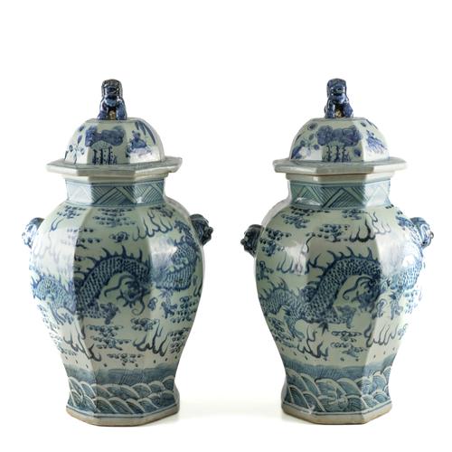 A PAIR OF CHINESE BLUE AND WHITE BALUSTER VASES AND COVERS (2)