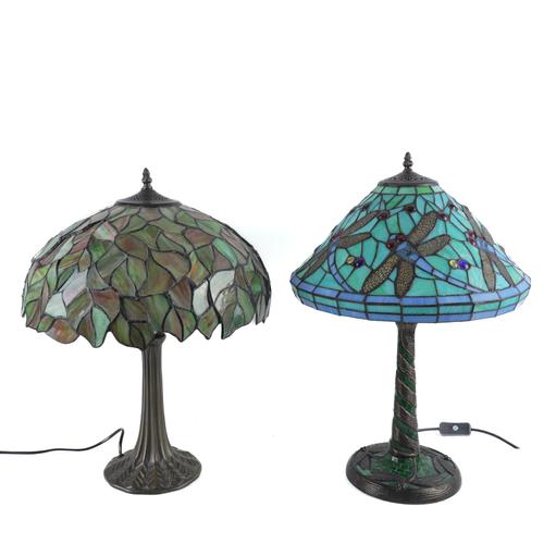 TWO TIFFANY STUDIO STYLE STAINED GLASS AND METAL MOUNTED TABLE LAMPS (2)