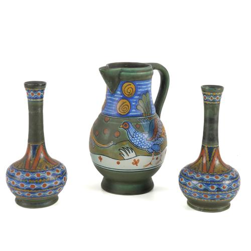 LIBERTY & CO.: A PAIR OF DUTCH GOUDA VASES AND A JUG (3)