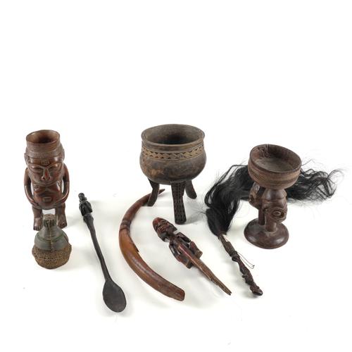 TRIBAL INTEREST: A GROUP OF POTS, CUPS, A WHISK AND COMB INCLUDING A YORUBA BOWL (8)