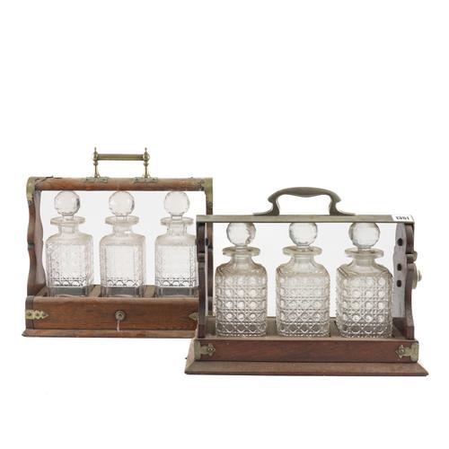 A VICTORIAN BRASS BOUND OAK THREE DIVISION TANTALUS (2)