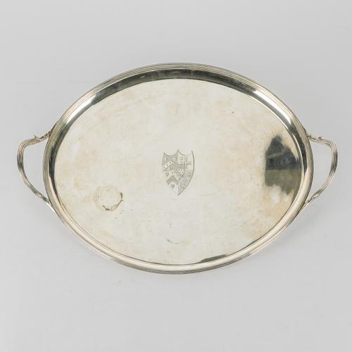 A GEORGE III SILVER TWIN HANDLED OVAL TRAY