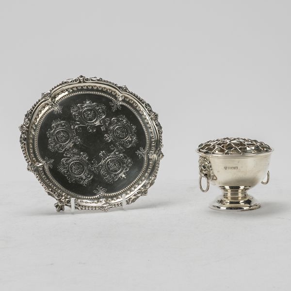 A VICTORIAN SILVER CARD SALVER AND A SILVER SMALL ROSE BOWL (2)