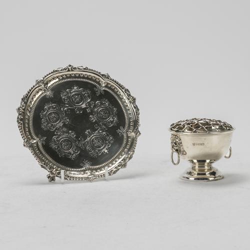 A VICTORIAN SILVER CARD SALVER AND A SILVER SMALL ROSE BOWL (2)