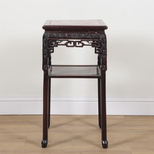 A 19TH CENTURY CHINESE EXPORT CARVED HARDWOOD SQUARE TWO TIER OCCASIONAL TABLE