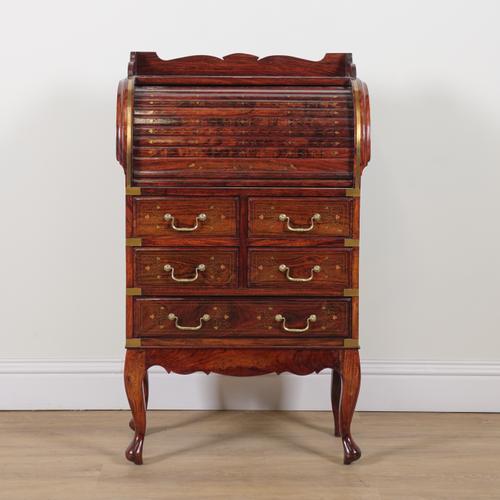 A MODERN BRASS INLAID HARDWOOD TAMBOUR FRONTED BUREAU