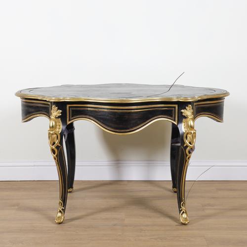 A LATE 19TH CENTURY FRENCH BRASS INLAID EBONISED CENTRE TABLE