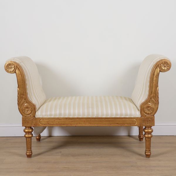 A LARGE MODERN GILT FRAMED SCROLL END WINDOW SEAT