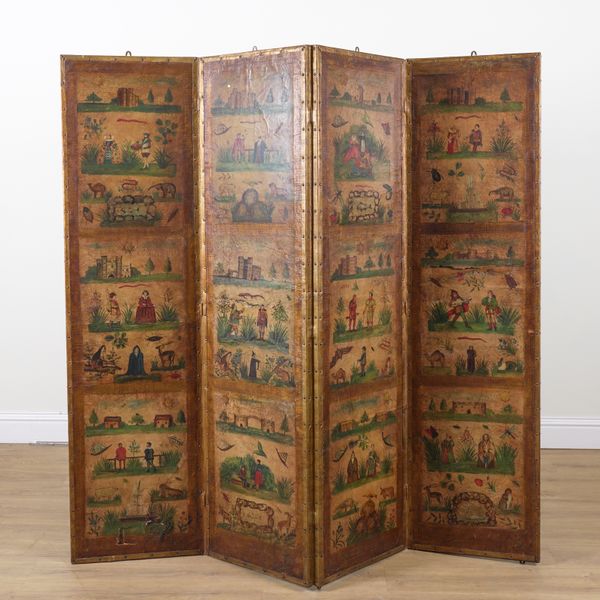 A LATE 19TH CENTURY POLYCHROME PAINTED LEATHER FOUR FOLD SCREEN