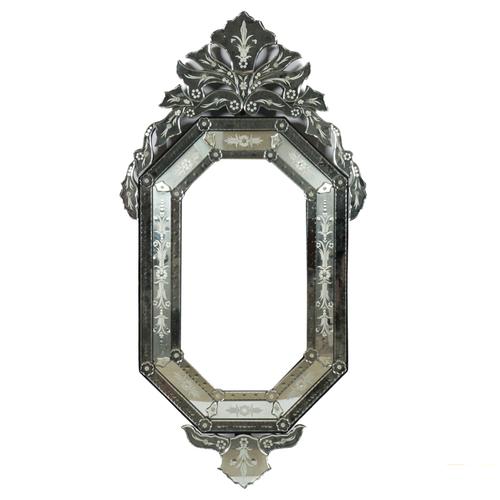 A 20TH CENTURY ETCHED GLASS CUSHION FRAMED VENETIAN WALL MIRROR