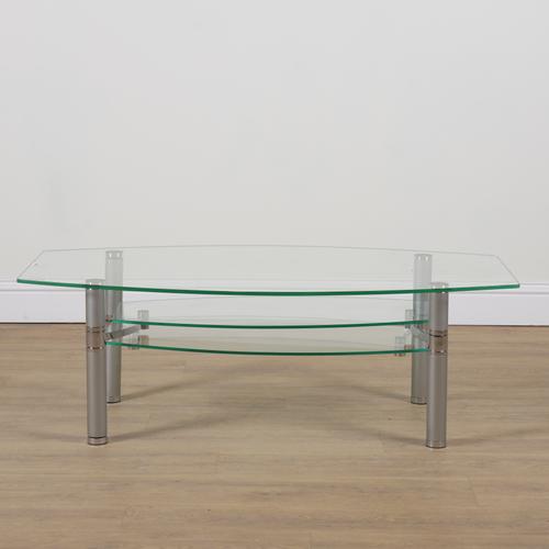 A CHROME AND GLASS COFFEE TABLE