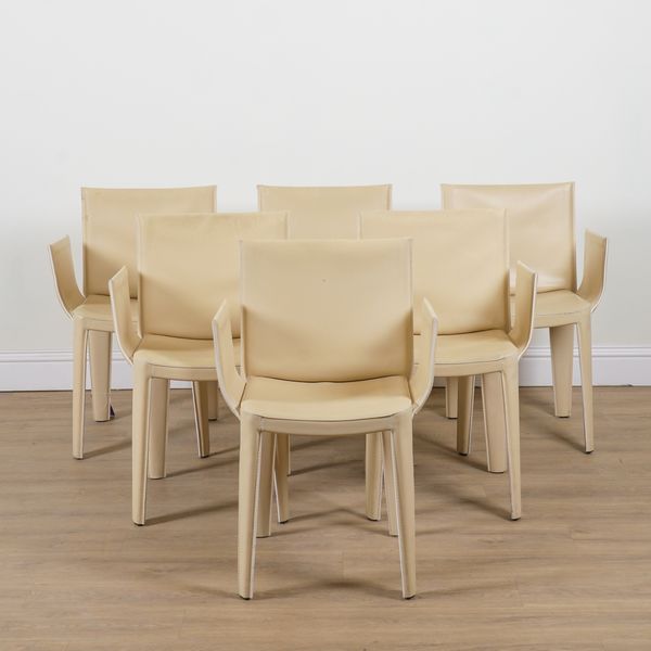 QUIA; A SET OF SIX ITALIAN CREAM LEATHER UPHOLSTERED DINING ARMCHAIRS (6)
