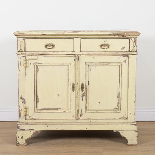 A FRENCH DISTRESSED YELLOW PAINTED SIDE CUPBOARD
