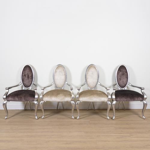 TWO PAIRS OF SILVER PAINTED OPEN ARMCHAIRS (4)