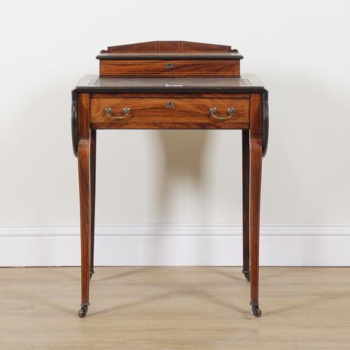 AN EDWARDIAN INLAID ROSEWOOD DROP FLAP WRITING TABLE