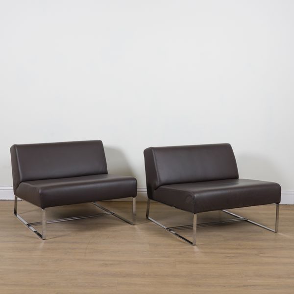 KESTERPORT; A PAIR OF BROWN LEATHER LOW CHAIRS (2)