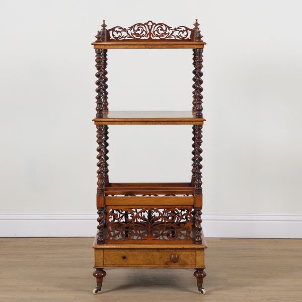 A VICTORIAN FIGURED WALNUT TWO TIER CANTERBURY WHAT-NOT
