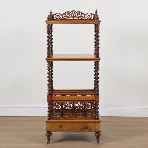 A VICTORIAN FIGURED WALNUT TWO TIER CANTERBURY WHAT-NOT