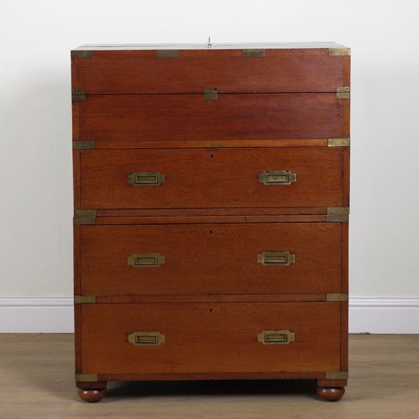 A LATE 19TH CENTURY CAMPAIGN BRASS BOUND TEAK SECRETAIRE CHEST