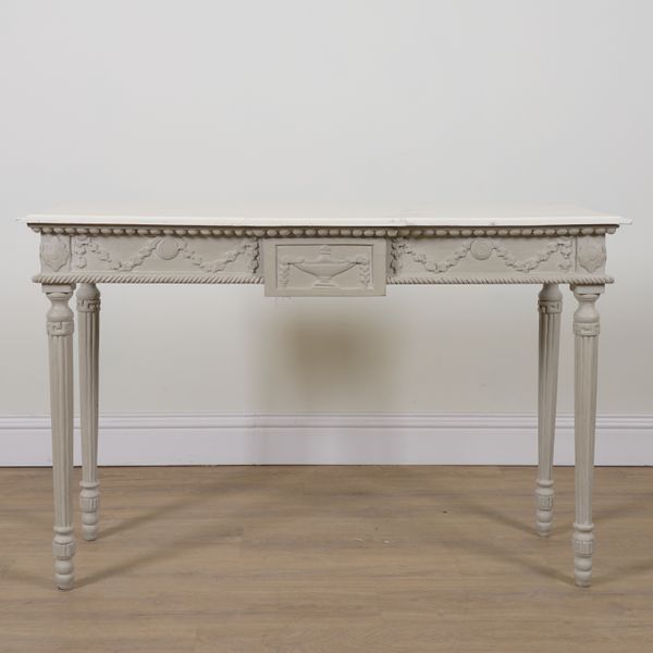 A LOUIS XVI STYLE GREY PAINTED BREAKFRONT SIDE TABLE