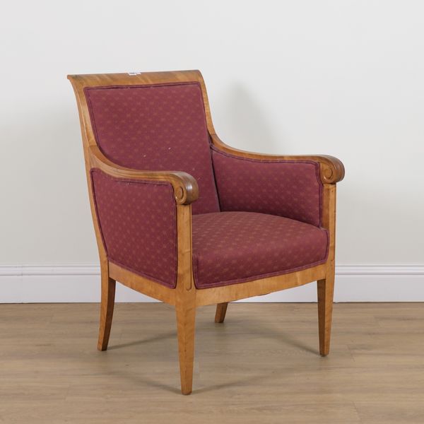 A BIEDERMEIER STYLE SATIN BIRCH FRAMED EASY ARMCHAIR