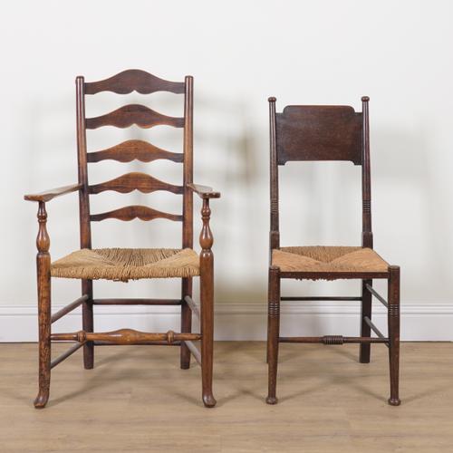 PROBABLY WILLIAM BIRCH FOR LIBERTY; A LATE 19TH CENTURY STAINED OAK RUSHED SEAT SIDE CHAIR (2)