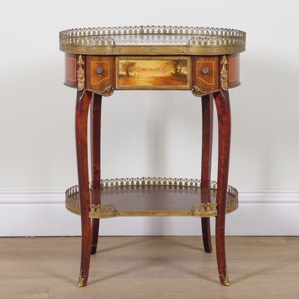 A LOUIS XV STYLE GILT METAL MOUNTED MARBLE TOPPED TWO TIER SIDE TABLE