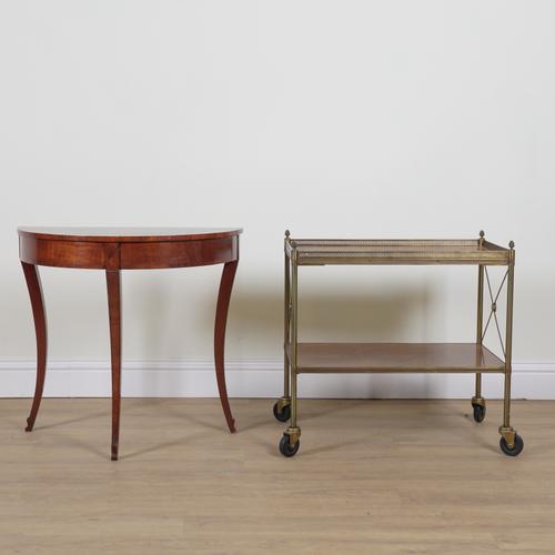 AN EARLY 20TH CENTURY KINGWOOD QUARTER VENEERED BRASS FRAMED TWO TIER ETAGERE (2)