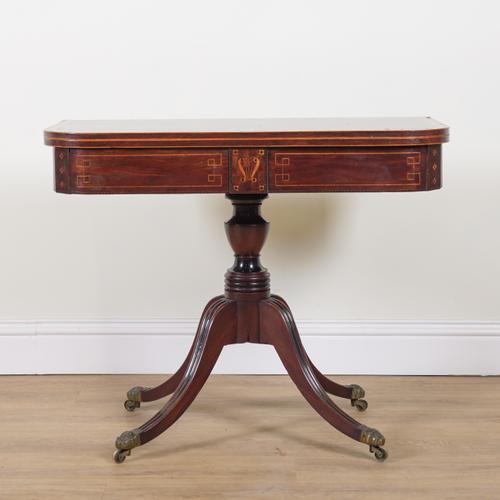 A 19TH CENTURY MAHOGANY SATINWOOD BANDED FOLDOVER CARD TABLE