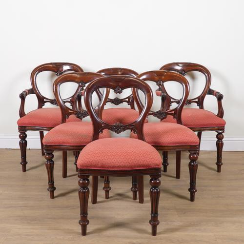 A SET OF SIX VICTORIAN STYLE MAHOGANY BALLOON BACK DINING CHAIRS (6)