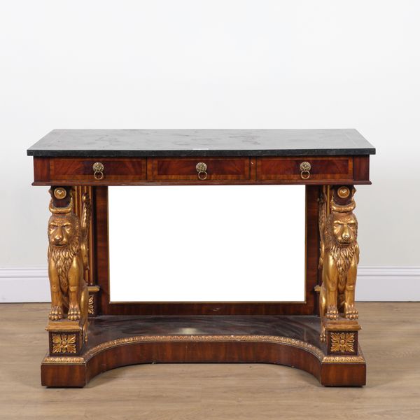 MAITLAND SMITH; A FAUX MARBLE TOPPED THREE DRAWER CONSOLE TABLE