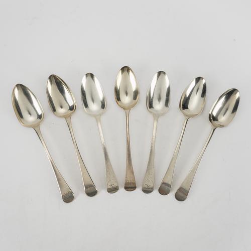 THREE PAIRS OF SILVER OLD ENGLISH PATTERN TABLESPOONS AND ONE FURTHER (7)