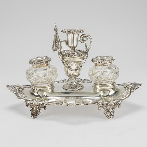 A VICTORIAN SILVER TWIN BOTTLE INKSTAND