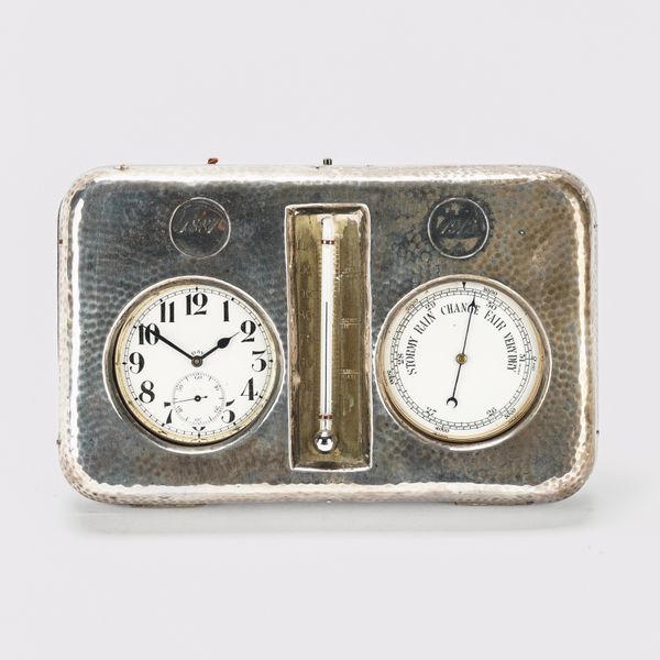 A SILVER MOUNTED FRAME/STAND TO HOLD A WATCH, A BAROMETER AND A THERMOMETER