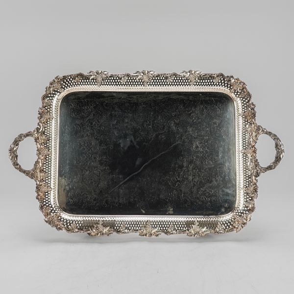 A PLATED SHAPED RECTANGULAR TWIN HANDLED TRAY