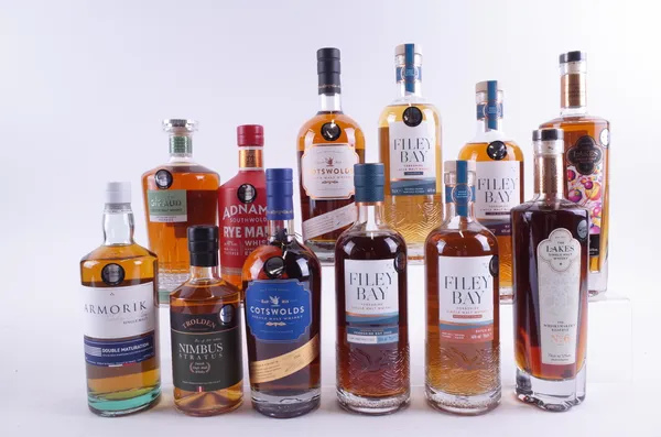 ELEVEN BOTTLES ENGLISH, FRENCH AND DANISH SINGLE MALT AND ONE RYE WHISKY