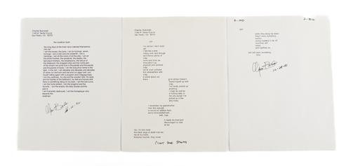 BUKOWSKI, Charles (1920-94). "Old". The original file copy of the poem in the form of a computer print-out, 47 lines on 2 sheets of A4, SIGNED "Charles Bukowski, 12-29-91"; with another similar. Please see the full description below.
