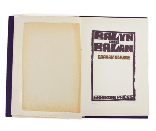 CLARKE, Graham (b.1941, illustrator). Balyn and Balan, Monchelsea: Ebenezer Press, [1969], folio, coloured linocut text and plates by Clarke printed on folded sheets, each plate initialed by the artist, original boards. ONE OF 25 ARTIST'S PROOF COPIES.