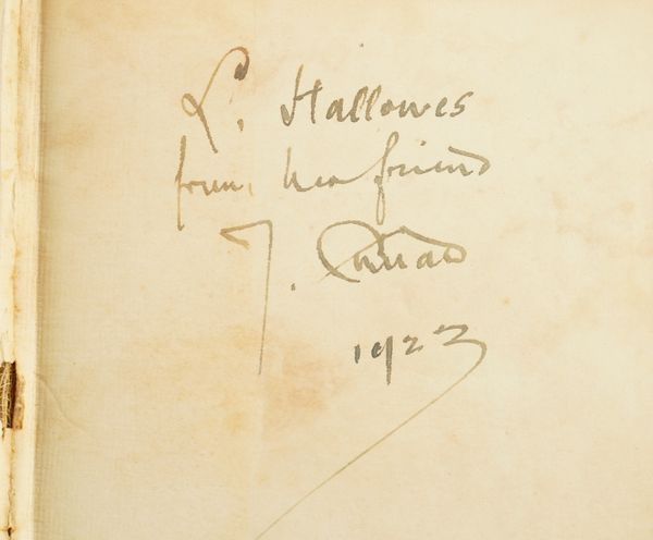 CONRAD, Joseph (1857-1924). The Rover, London, 1927, 8vo, (the half title and title torn with severe loss), original cloth. FIRST EDITION, IMPORTANT PRESENTATION COPY, inscribed on the front free endpaper, "L. Hallowes from her friend J. Conrad. 1923."